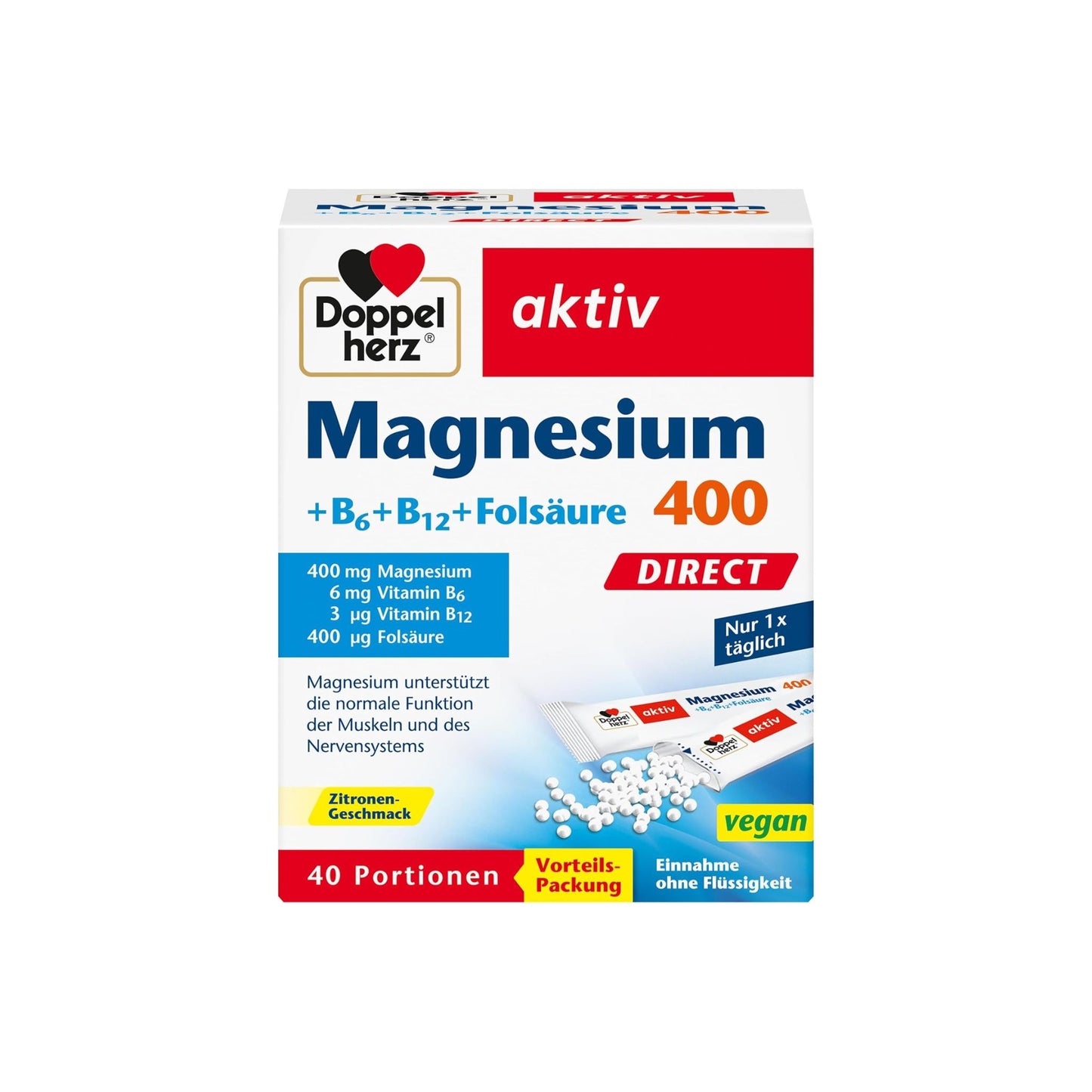 Doppelherz Magneesium 400 B6, B12 ja foolhappe DIRECT pulber 40 tk